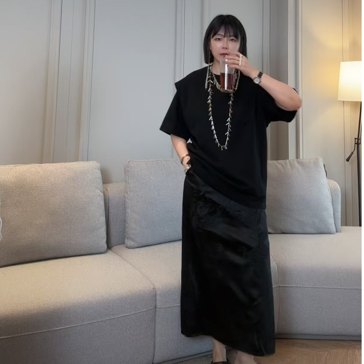 RIRV「Black系列」同学会 醋酸绣花长半裙