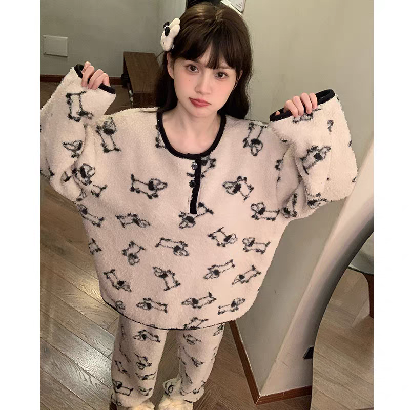 睡衣秋冬季开衫甜美加厚保暖半边绒家居服小狗浅咖套装