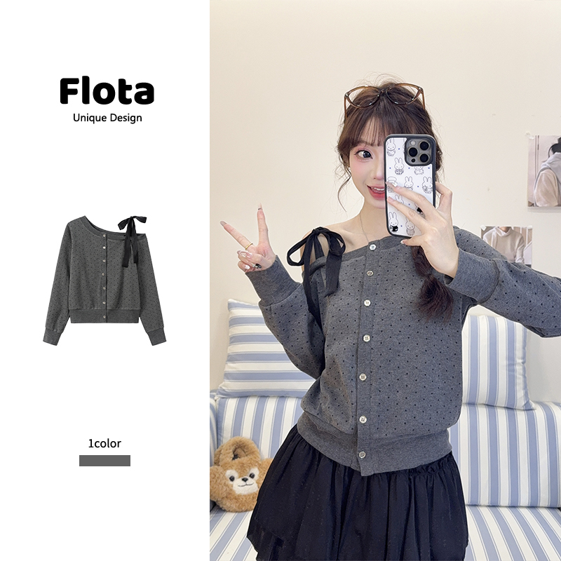 【flota】甜酷风灰色波点绑带露肩短款长袖女宽松显瘦斜肩上衣2738