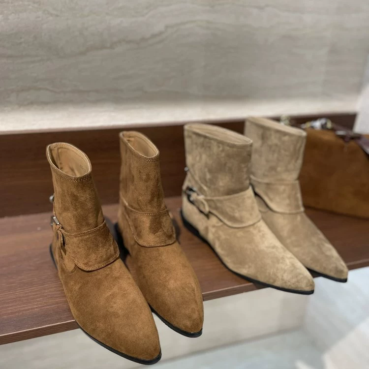 法式复古尖头时尚皮带扣秋冬新款百搭瘦瘦短靴195-8155(不加绒)