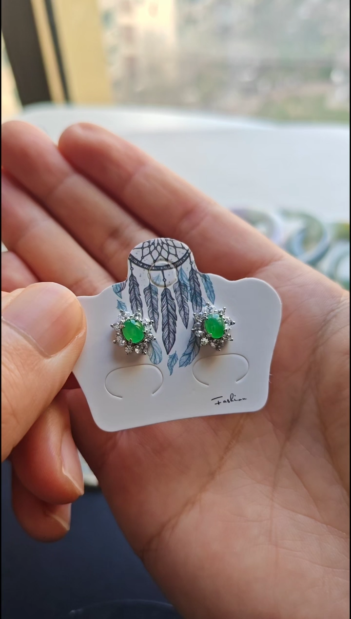 银S925镶嵌翡翠耳饰翡翠耳饰S925银镶嵌