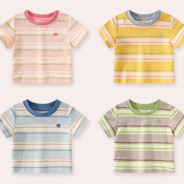 2026新款夏季男女宝马卡龙色条纹纯棉卡通洋气小熊T恤上衣短袖商品图