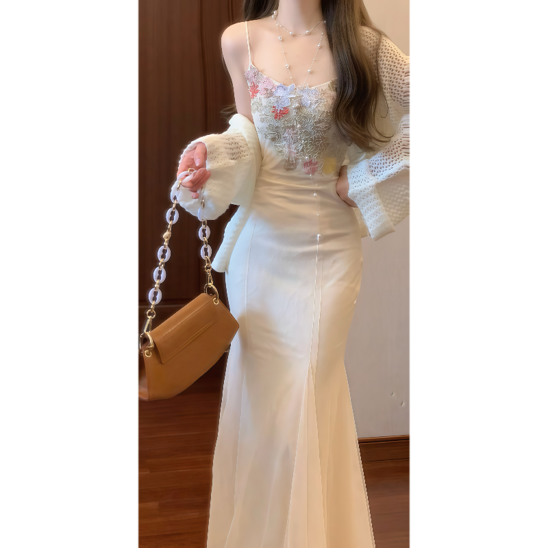 法式纯欲设计感网纱吊带连衣裙收腰鱼尾长裙&针织披肩外套9792