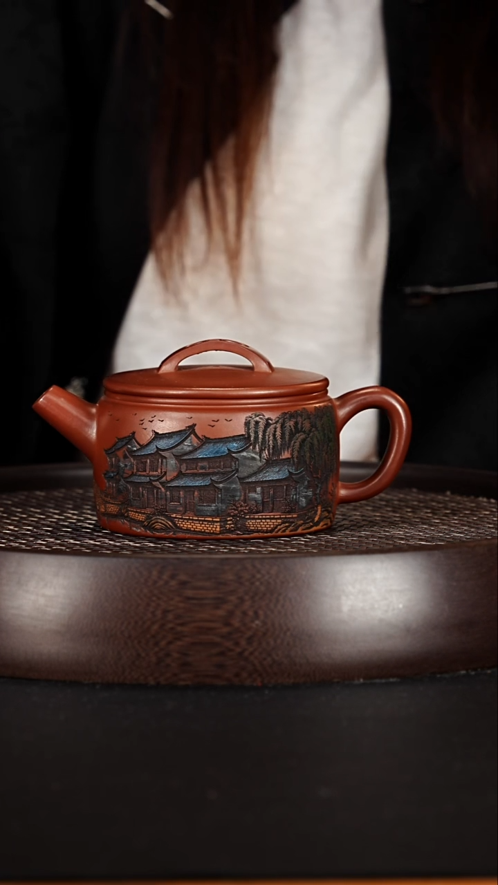 茶壶紫砂宜兴紫砂壶龙血砂彩刻汉瓦260cc