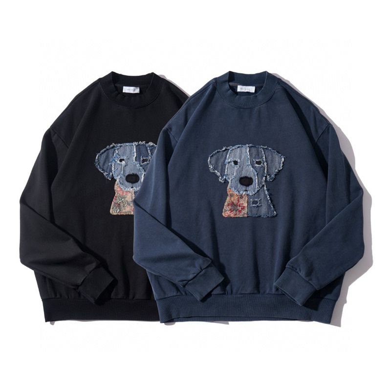 430克  秋冬潮牌趣味贴布绣花小狗圆领卫衣男女同款8213