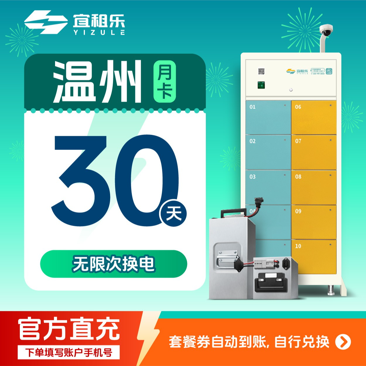 宜租乐续费月卡【温州】到手30天60v50an电池租赁换电出行卡券