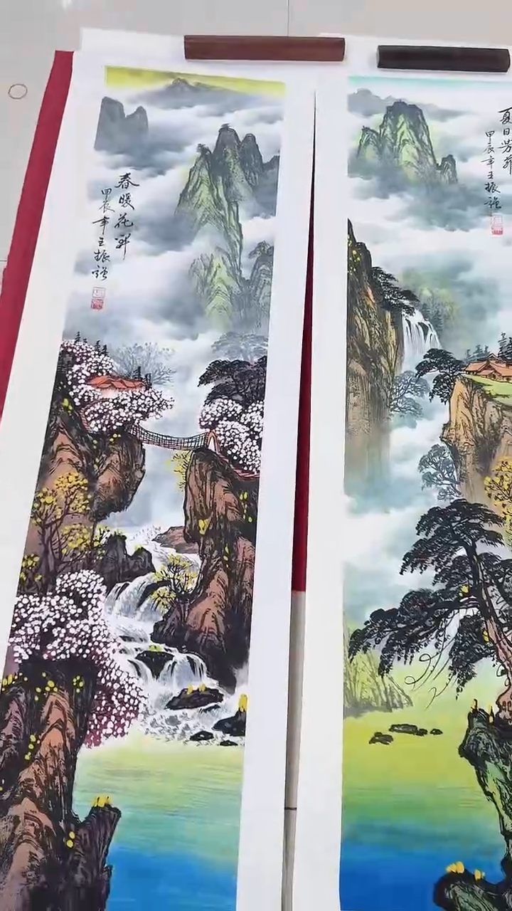 国画K12-21-11王老师四条屏山水作品