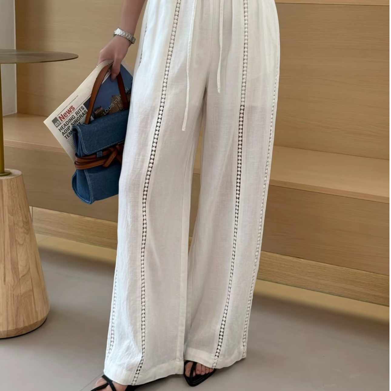 ZOZO-88807夏季新款女亚麻镂空抽绳松紧腰时尚百搭休闲裤