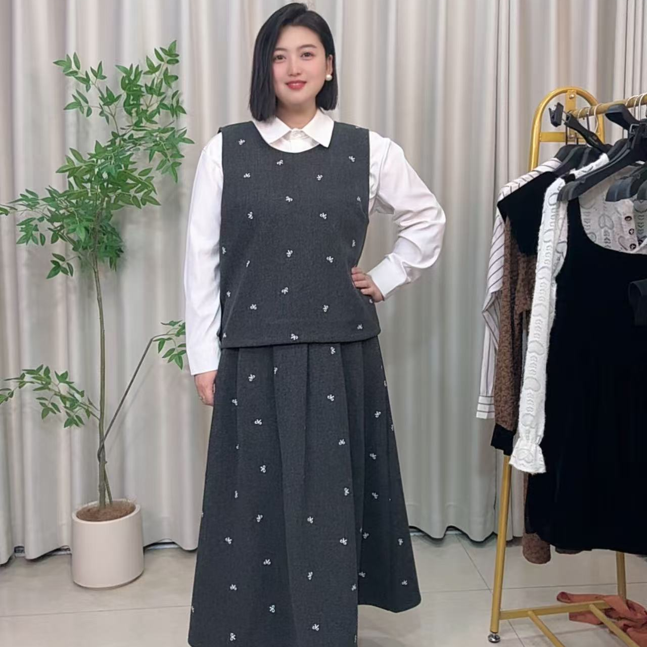 大码韩版高级感长袖衬衫+毛呢马甲背心+半身裙长裙三件套时尚套装