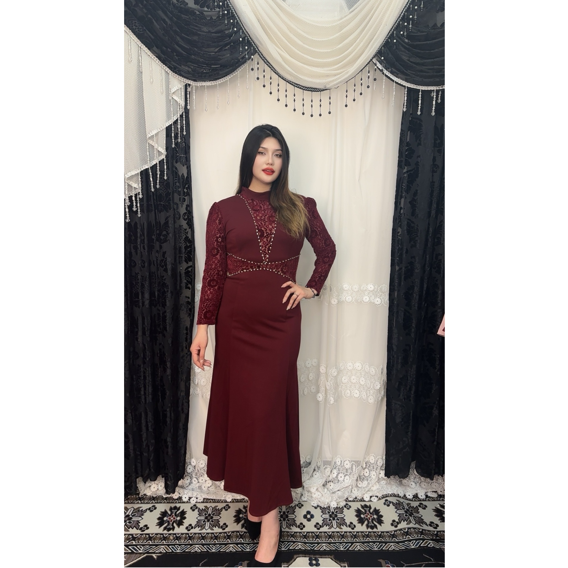 欧式花纹连衣裙显瘦气质包臀收腰