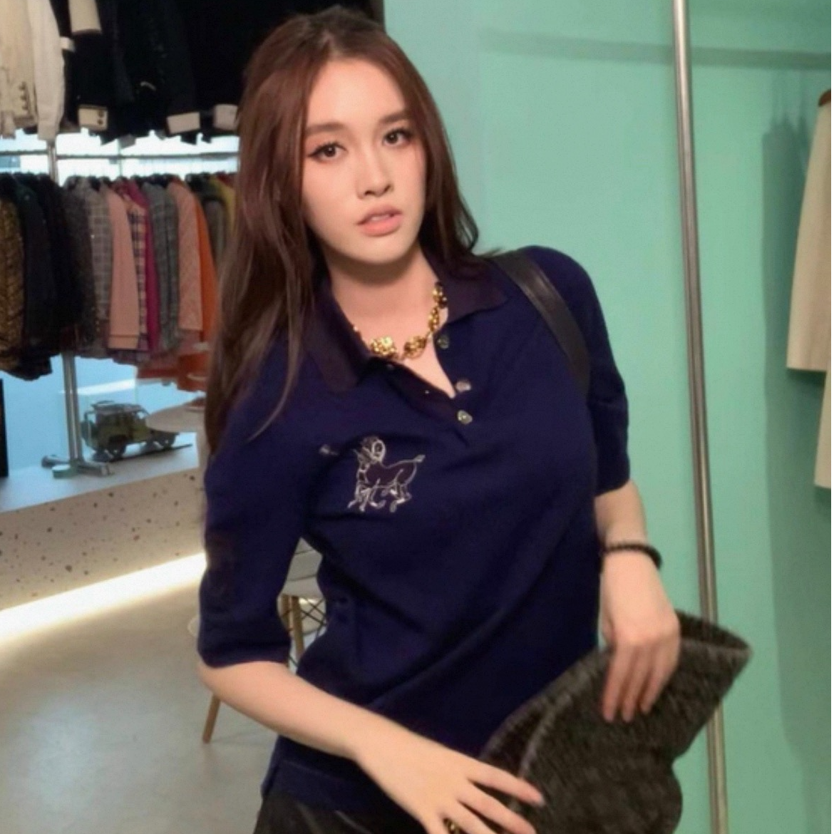 95新 Chanel/香奈儿 藏蓝色马术涂鸦短袖/f38/编号0639