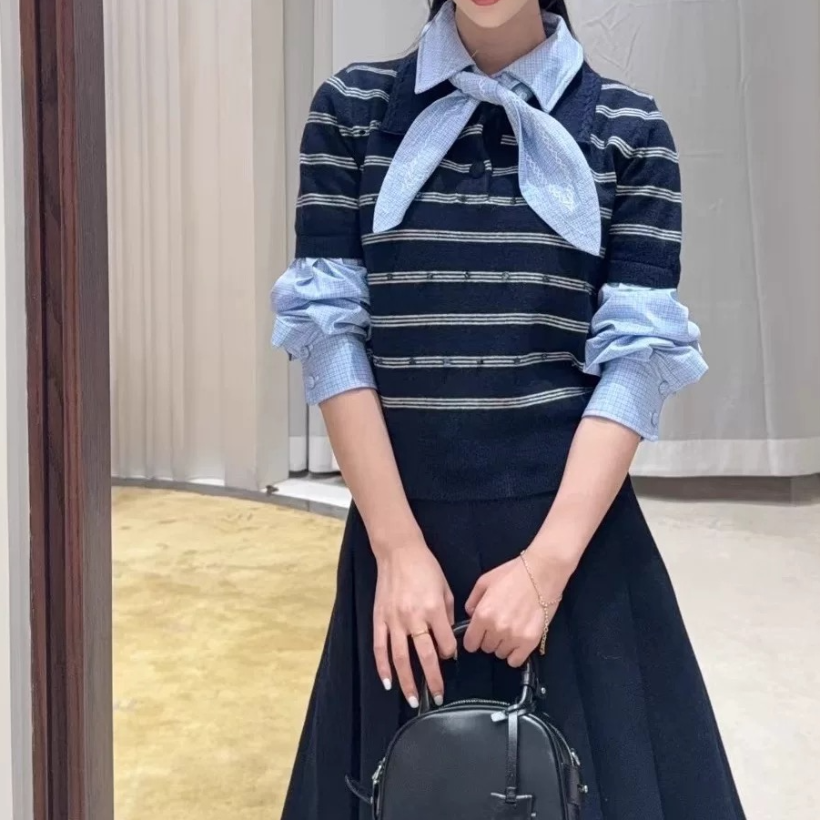 【T004】2025冬季新款条纹假两件拼接上衣针织女士