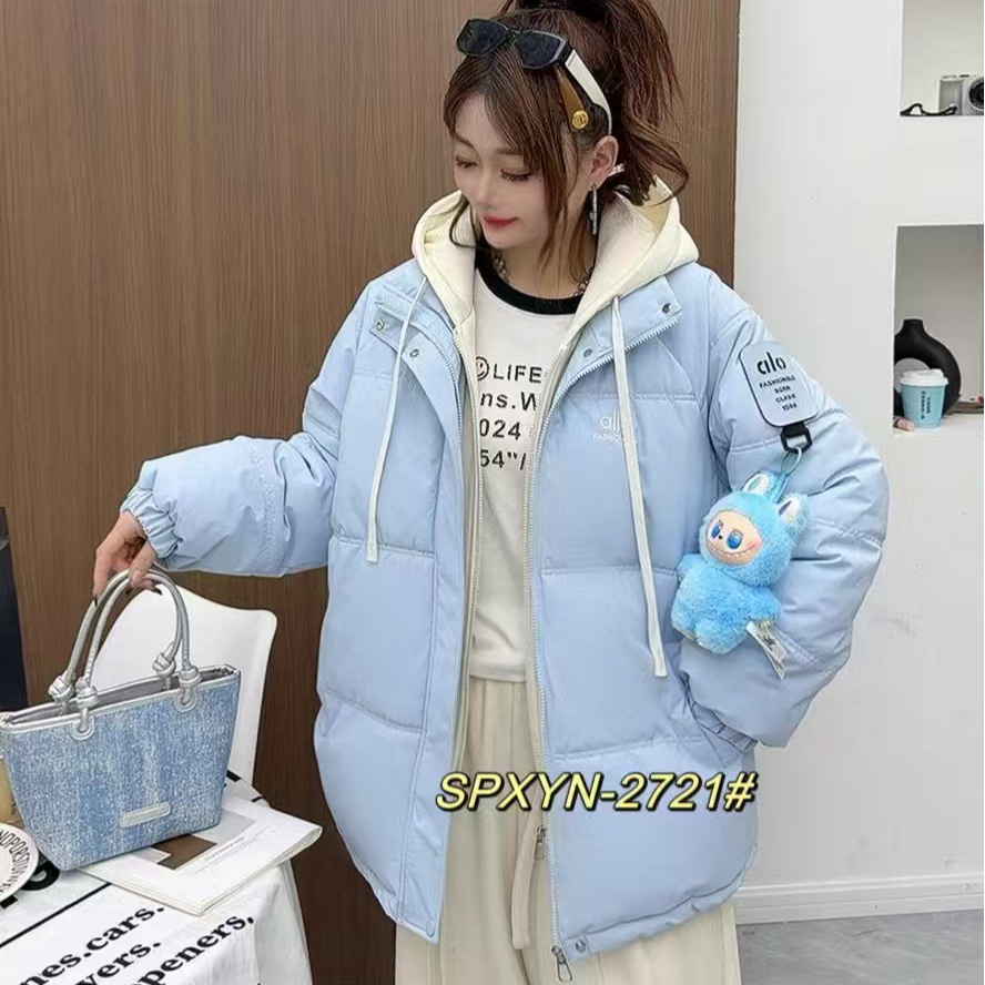 防水加厚棉衣连帽假两件面包服中长款带字母冬季保暖韩版百搭宽松