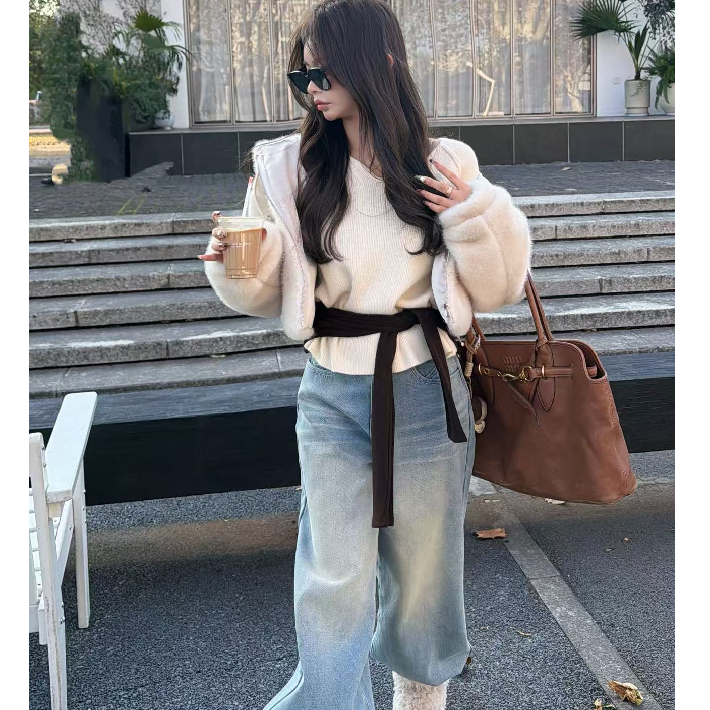 【YKL】极简主义 米杏袖口可拆卸毛衣复古浅蓝加绒直筒裤连帽奶fufu