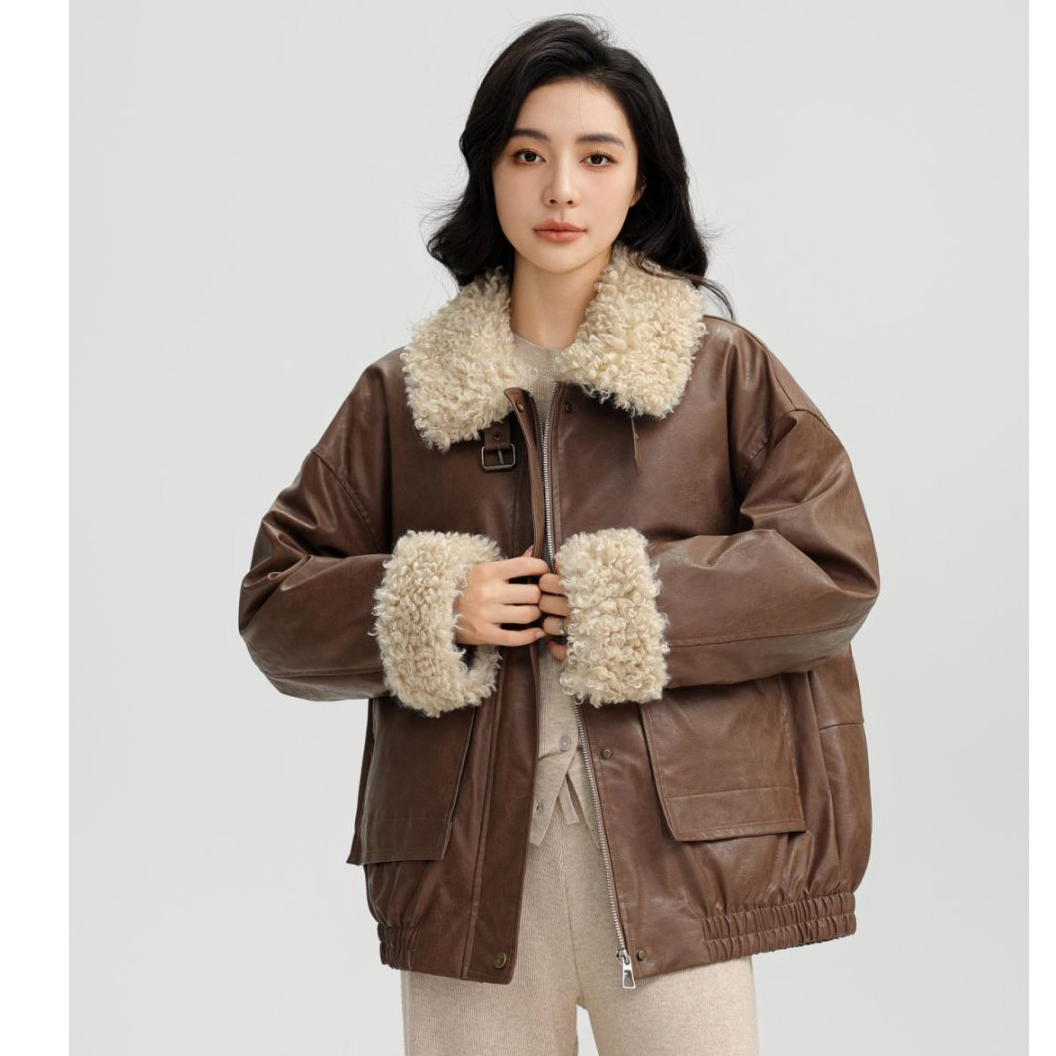 YAYA/鸭鸭皮衣外套女秋冬新款休闲百搭复古做旧拼接短毛领羽绒服