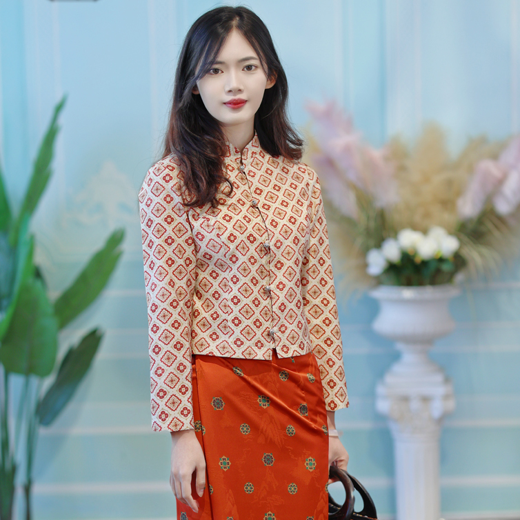 傣族新中式小立领长袖香云纱提花面料时尚百搭轻奢女士休闲生活装