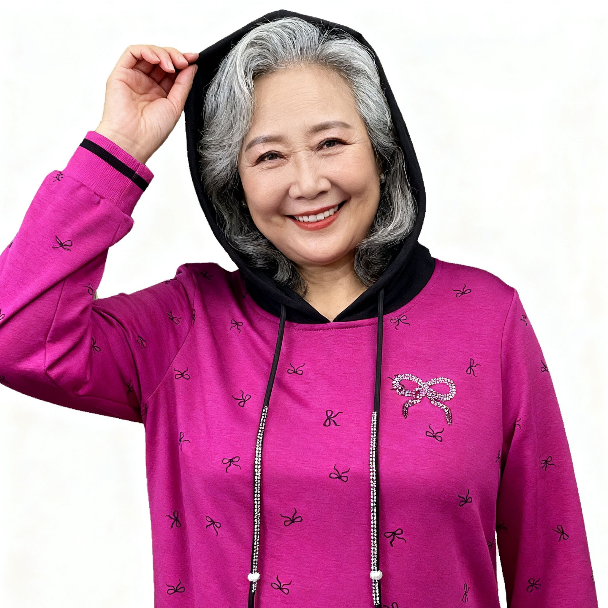 长袖套头连帽卫衣妈妈装亲肤天然棉西瓜红中老年女装烫钻