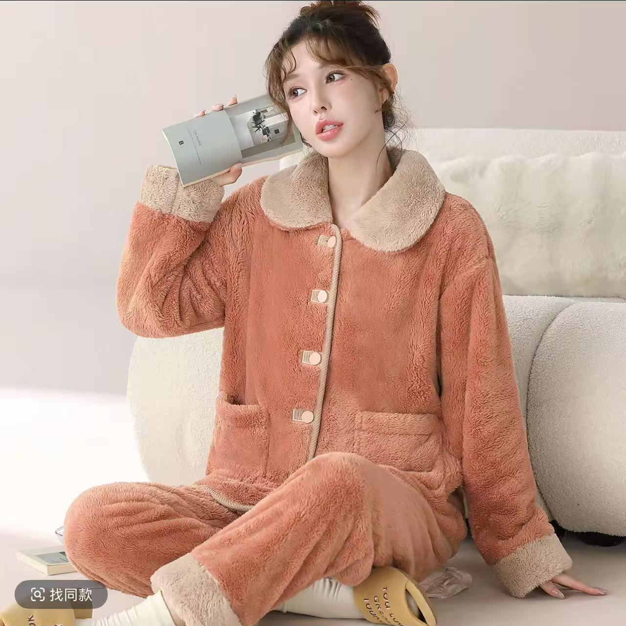 高品质雪花绒厚款秋冬加厚睡衣粉色女士长裤青年冬季保暖翻领女