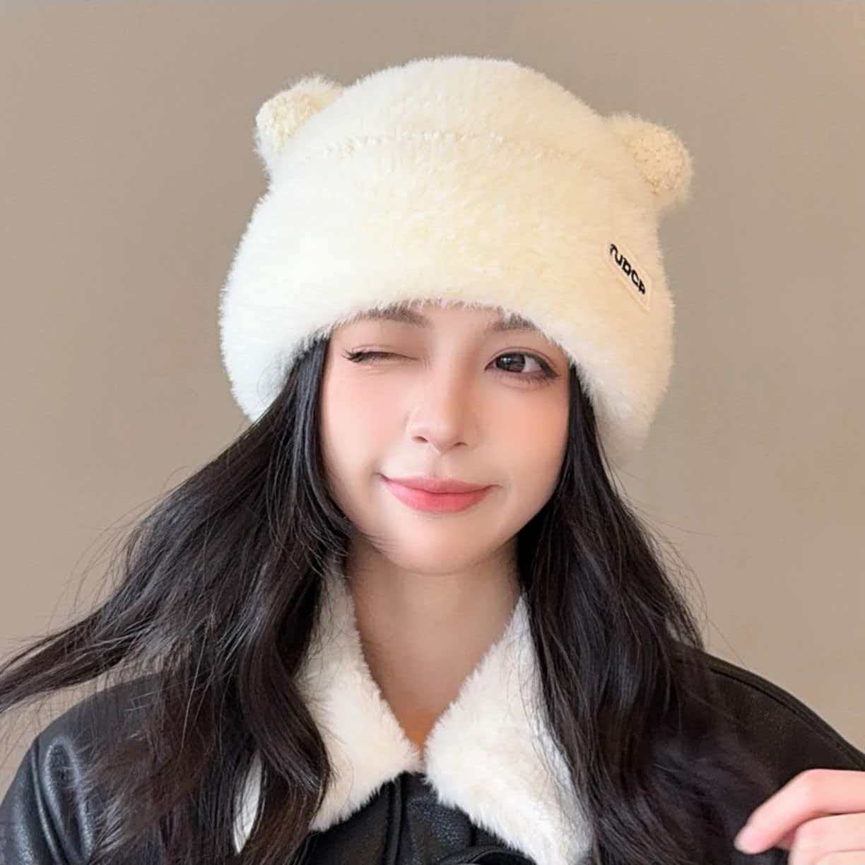 针织帽女秋冬韩版百搭加绒加厚毛线帽显脸小护耳包头冷帽小熊耳朵