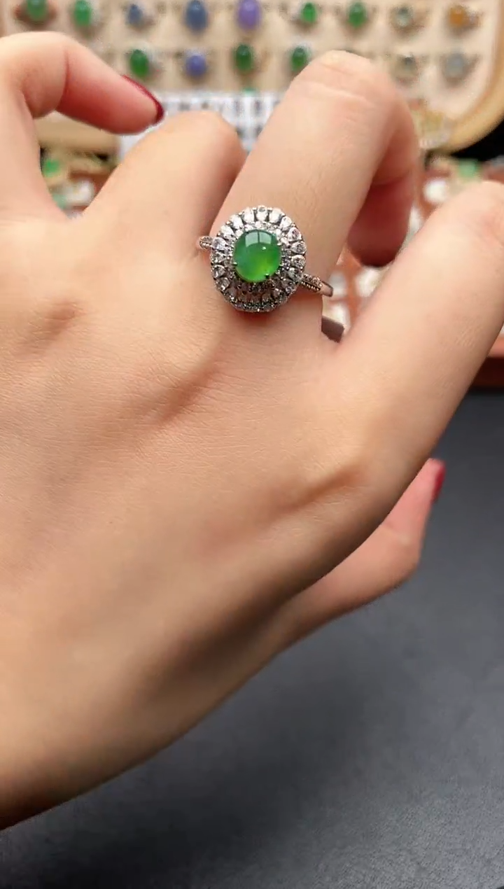 银S925镶嵌戒指翡翠一物一证一礼盒