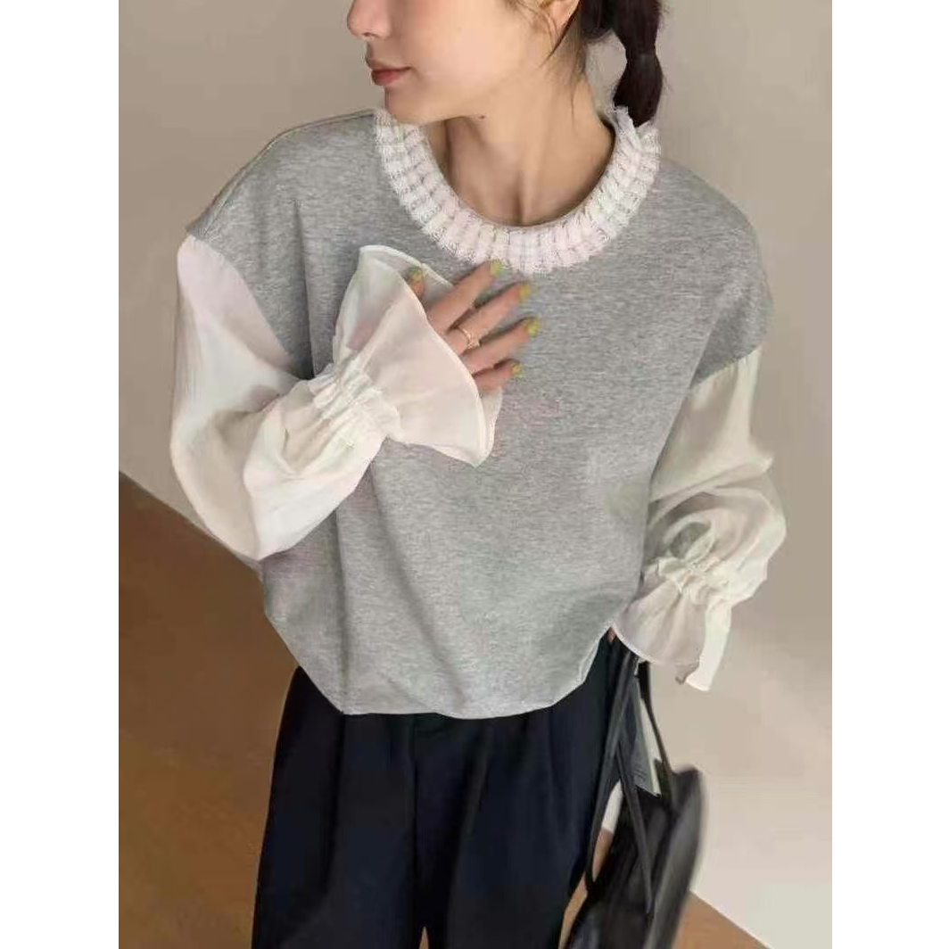 黑屿白/144 圆领春季衬衫袖衬衫休闲拼色设计感针织时尚假两件