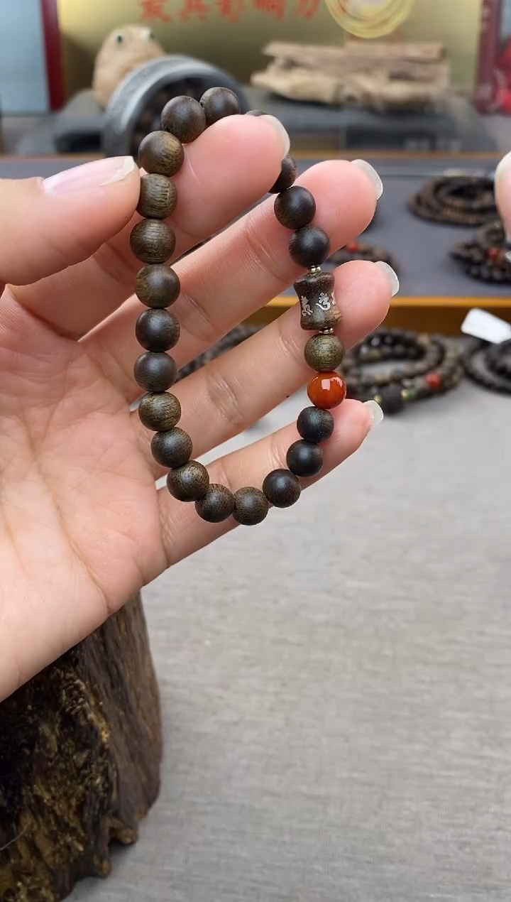 【闪购商品】沉香手串芽庄白棋08＋富森竹节六字镶嵌沉水