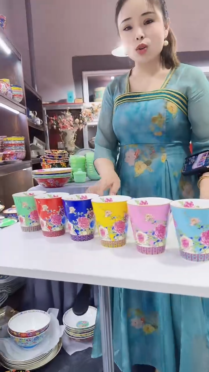 瓷片牡丹花卉杯子6只装景德镇陶瓷