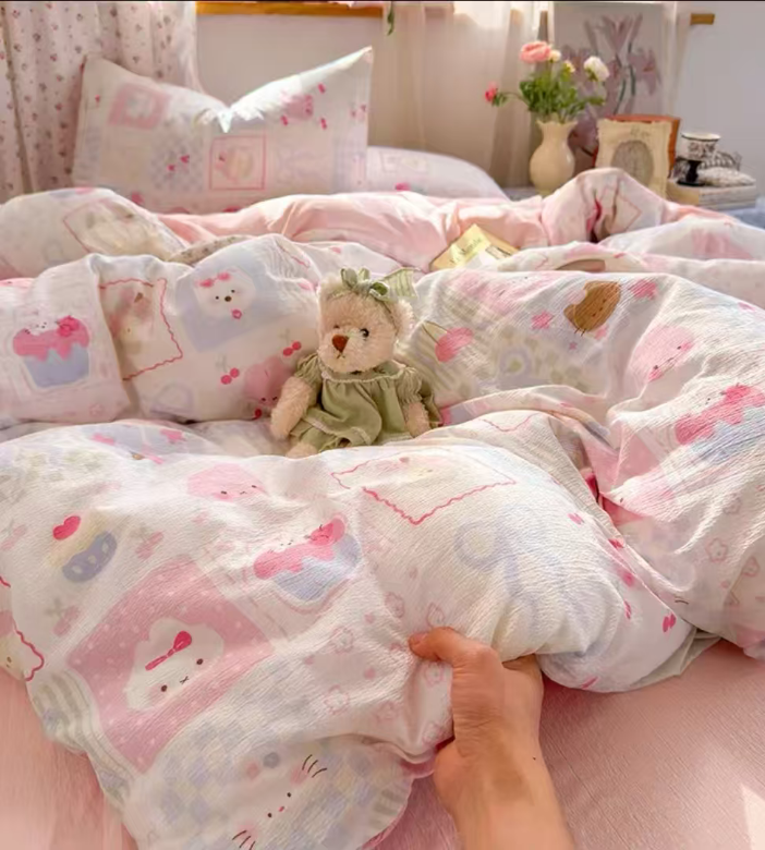 四件套【蜜桃四季春】有氧提花双层纱母婴级韩版碎花柔软透气床单