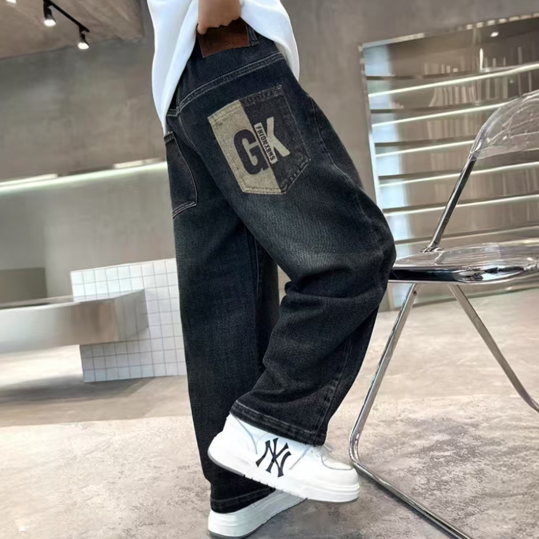 男童牛仔裤秋款中大童新款休闲百搭痞帅复古深色软牛仔男孩裤子