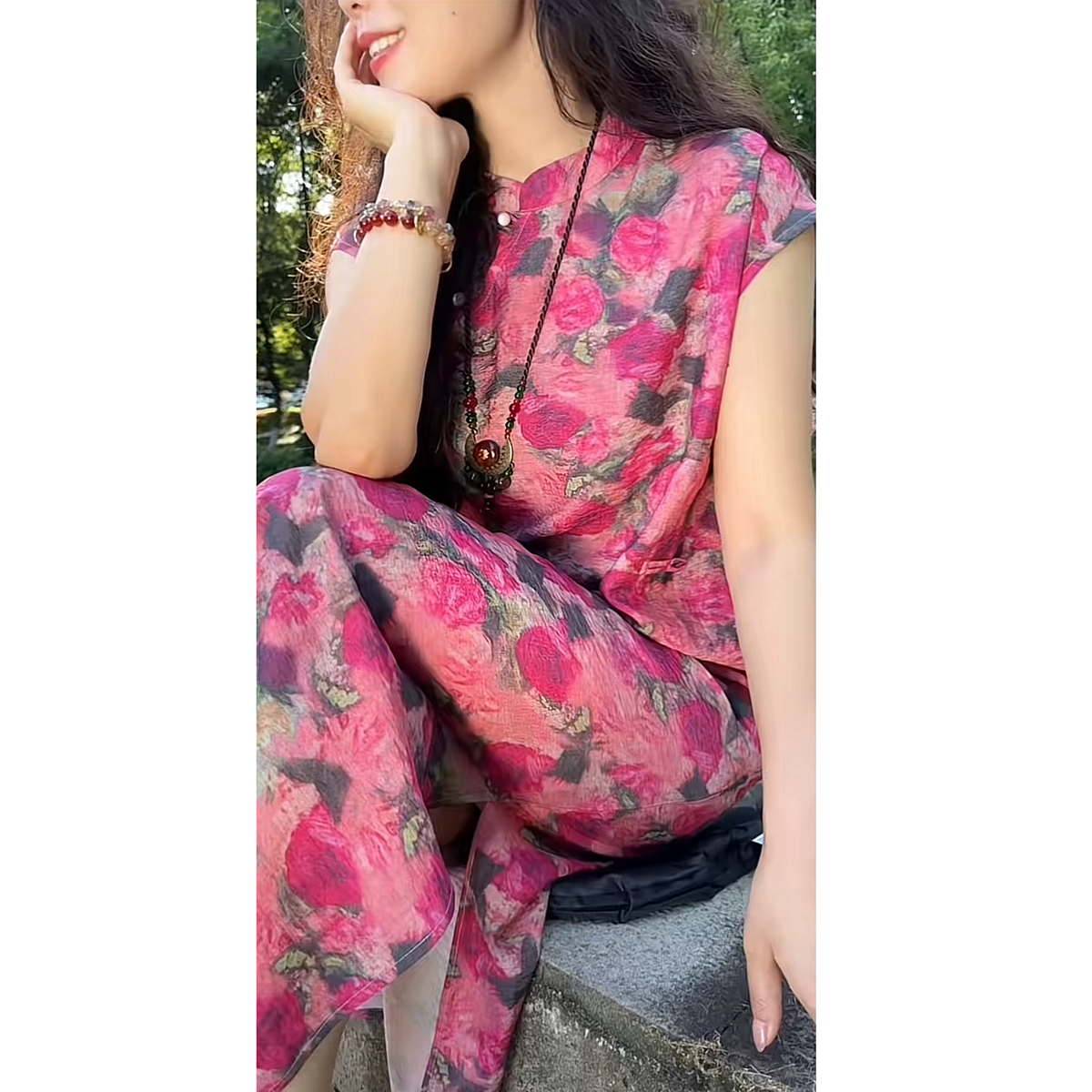 无印心匠【粉黛花语】B123 印花中长裙连衣裙夏季旗袍裙中国风K1673