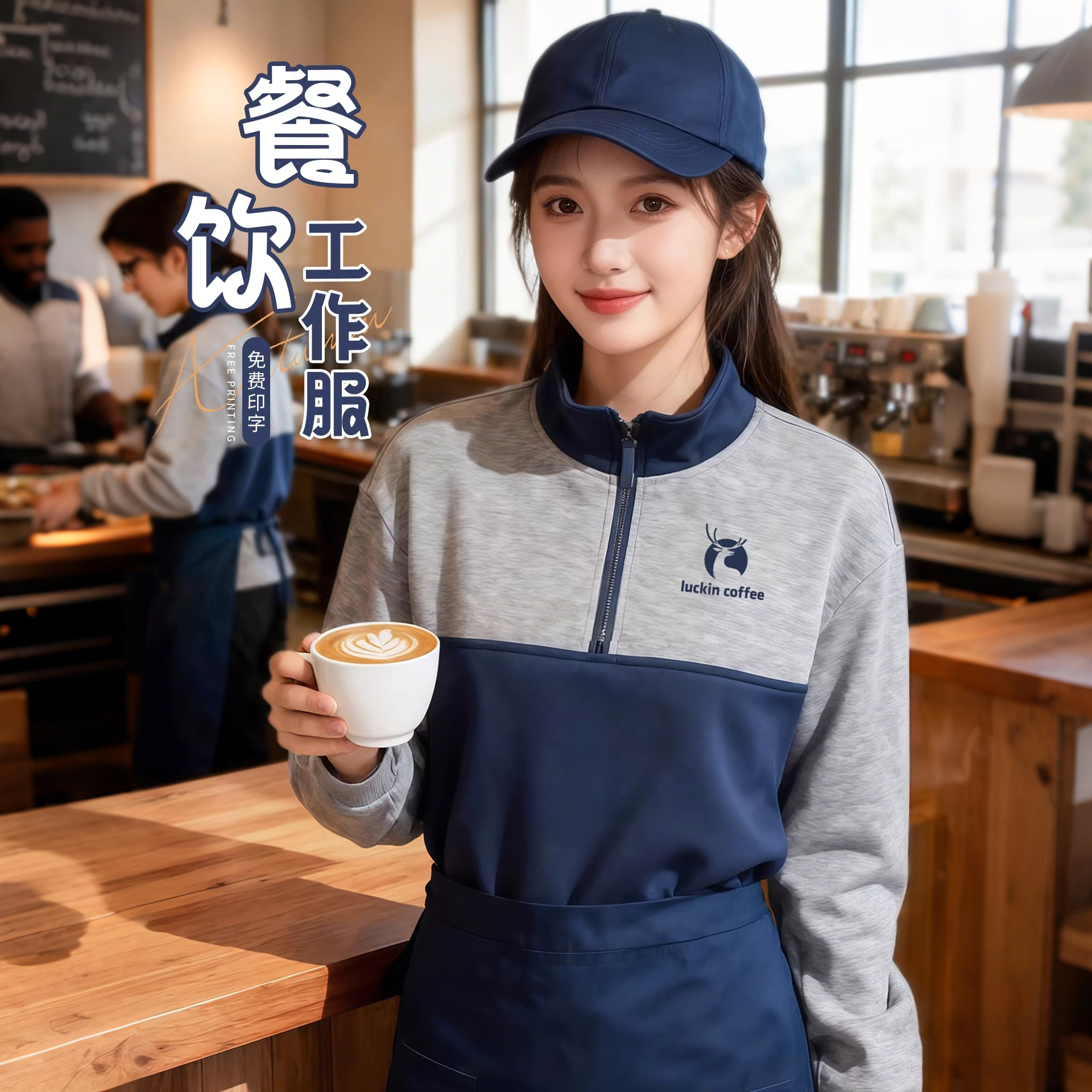 餐饮咖啡工作服定制长袖夹克外套印Logo奶茶商超店员秋冬耐脏工装