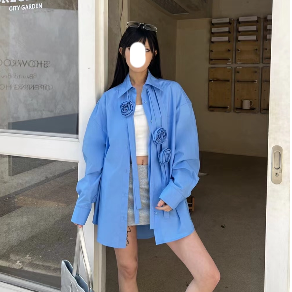 61550立体玫瑰花衬衫宽松单排扣韩版