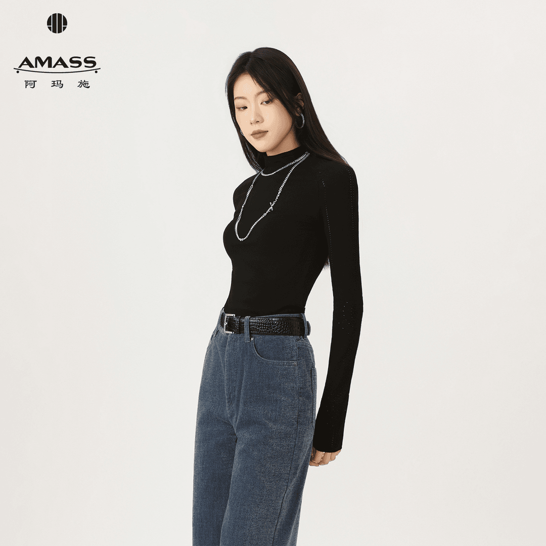 AMASS/阿玛施25秋季清冷松弛感烫钻修身百搭高领套头针织衫538094