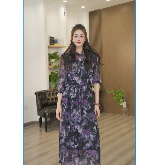 拼接大摆裙不起球木耳领连衣裙国风紫色复古显瘦中式裙子时尚8309