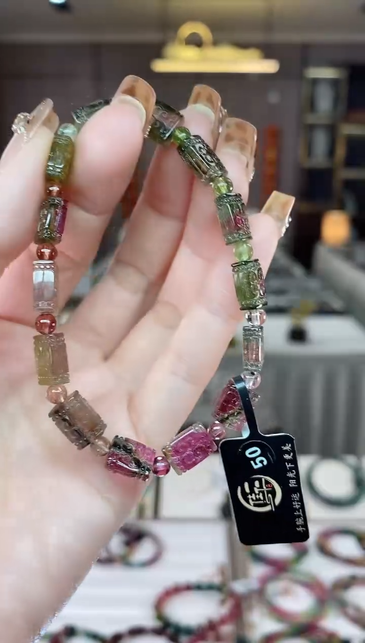 【闪购商品】碧玺西瓜原石方糖单圈手串未镶嵌一物一证dan