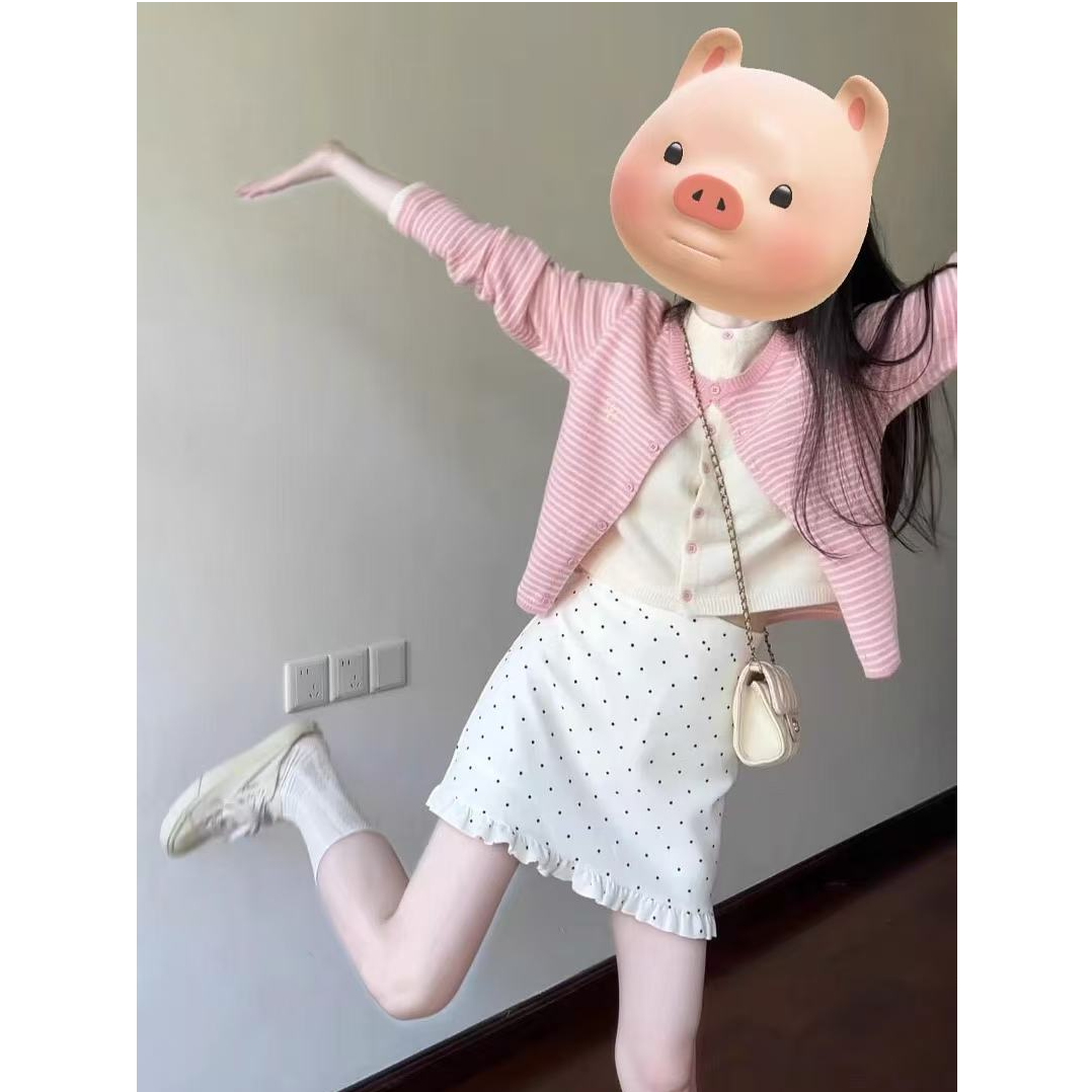 韩系粉色撞色假两件长袖针织衫女秋冬季独特漂亮软糯毛衣打底上衣