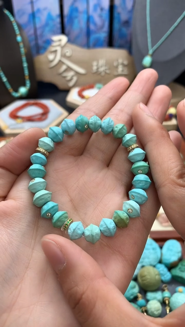 【闪购商品】绿松石手链18K金镶嵌18K金精工百香籽单圈