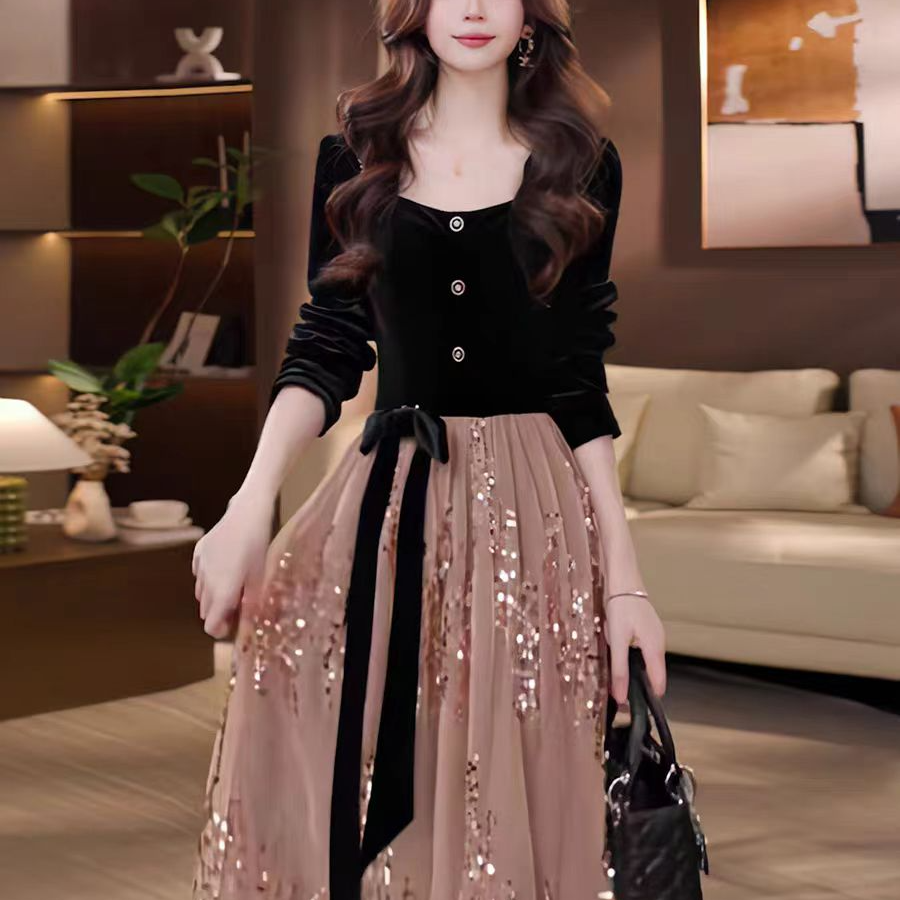 法式名媛拼接连衣裙秋冬新季高级感轻奢收腰显瘦绑带长裙2027