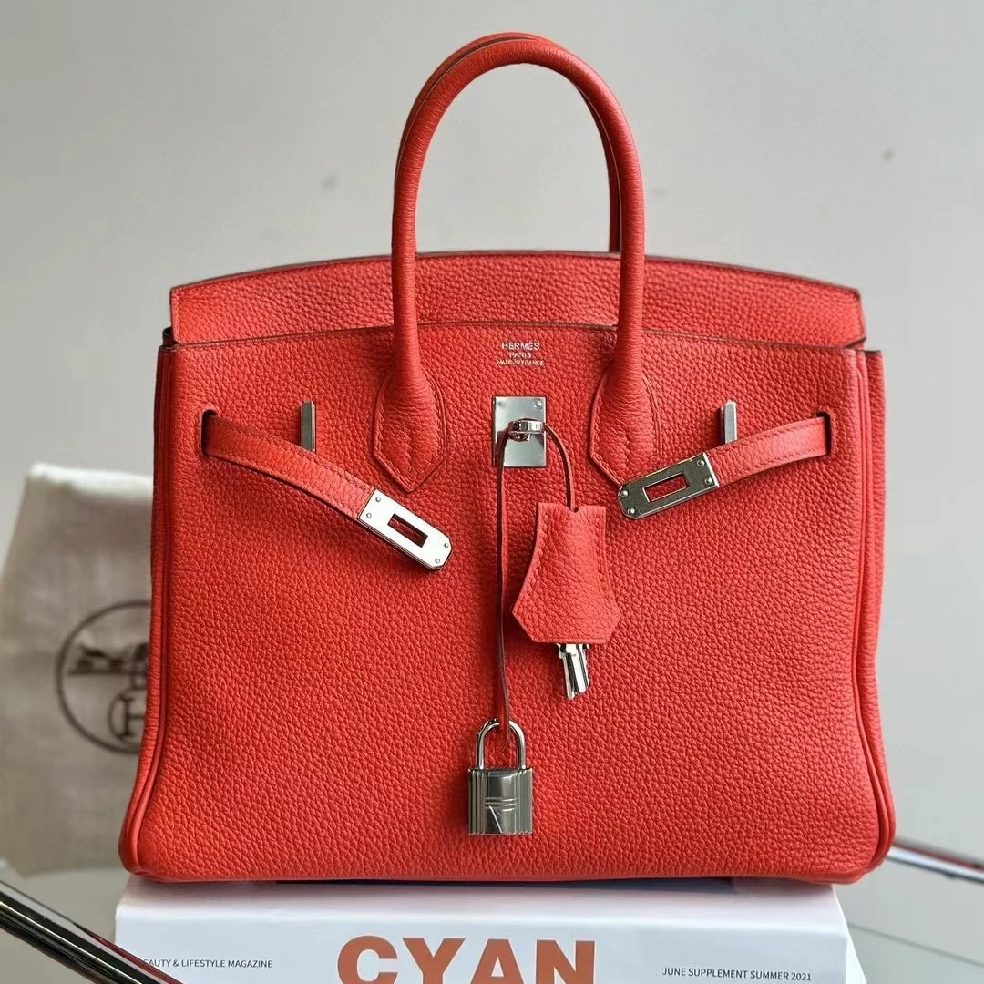 99新 Hermes/爱马仕 小花JerryBirkin 25 朱砂红 C刻 银扣包