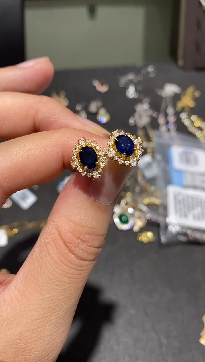 耳饰蓝宝石银S925镶嵌耳钉