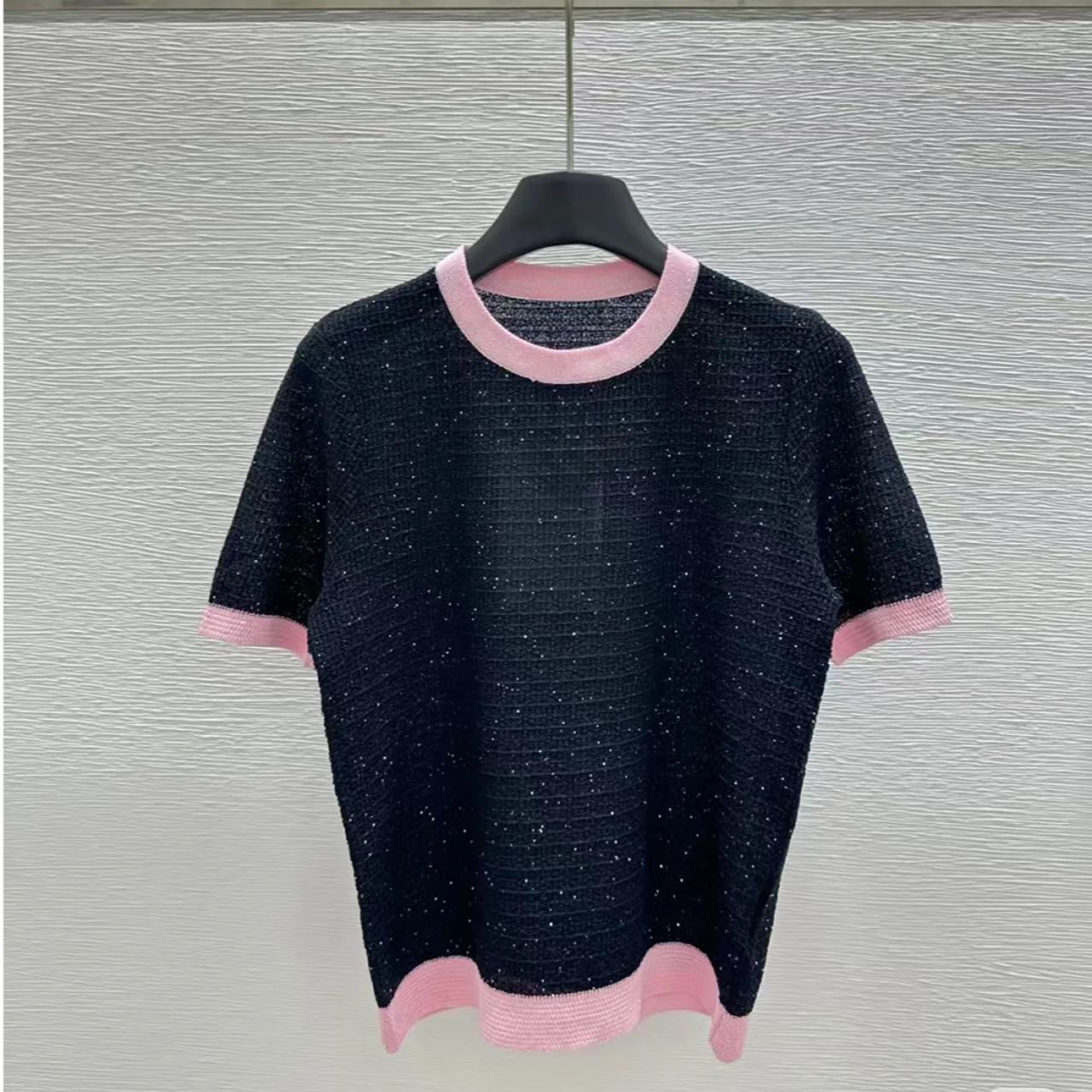 2025新款夏季满天星拼接针织短袖M25008
