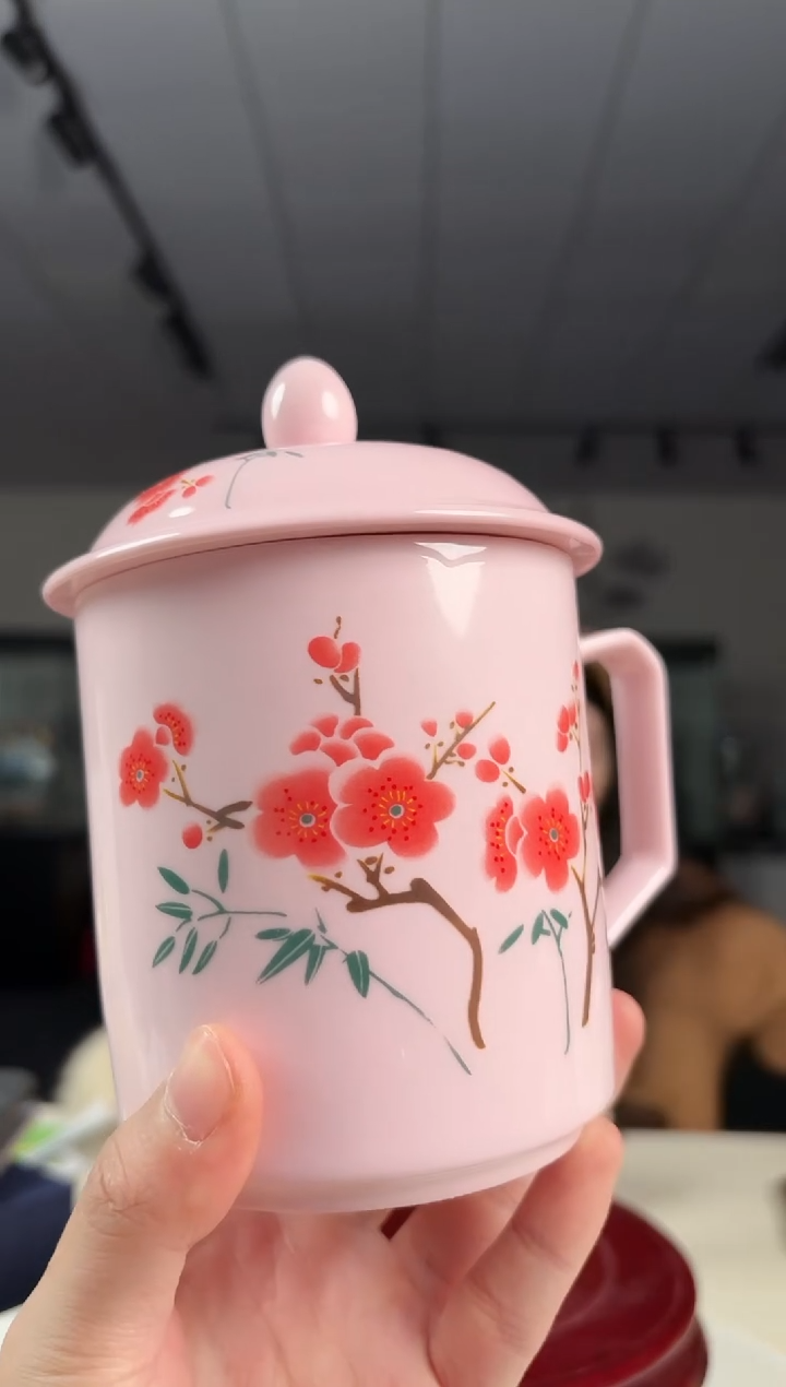 杯子陶瓷红稀翠竹红梅办公杯+礼盒