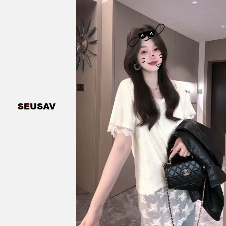 【叠纱】短袖T拼接蕾丝假两件短袖-设计师款气质精致百搭显瘦