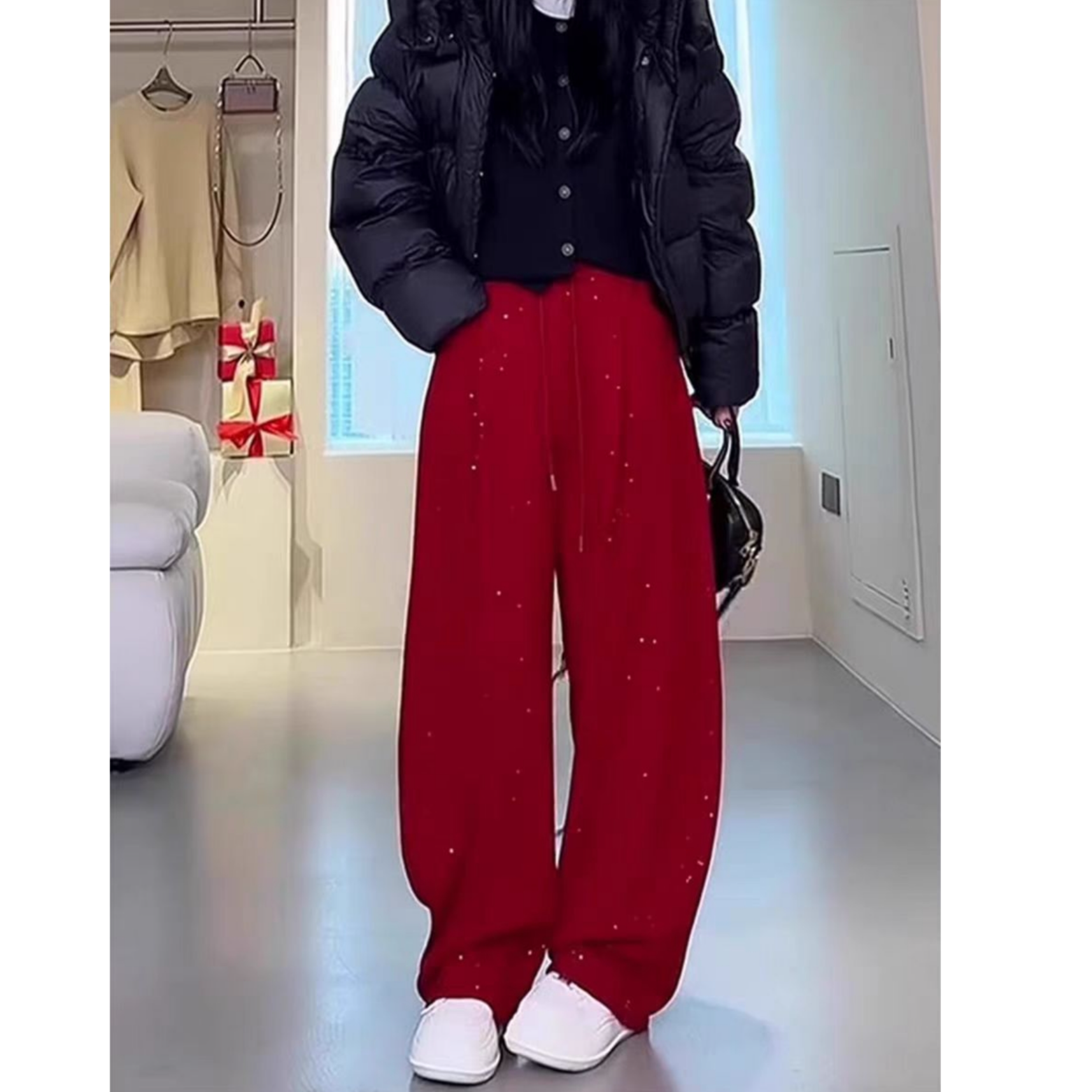 （柚子同款）BEI冬款亮片奥利绒时尚休闲洋绒阔腿弯刀裤2519