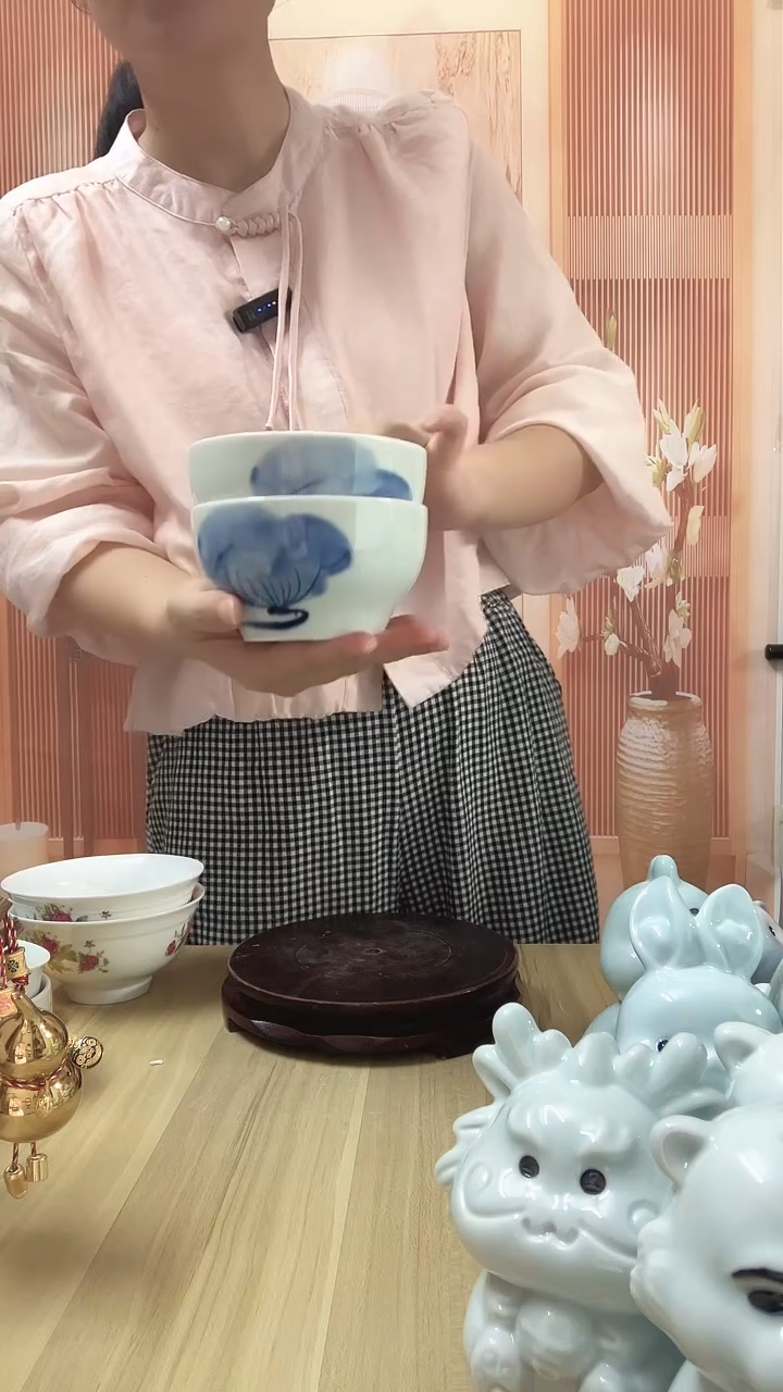 瓷手绘荷花系列5英寸碗2个
