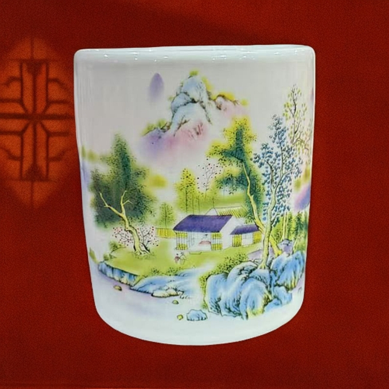 【百善瓷业】彩色山水画笔筒-GZ