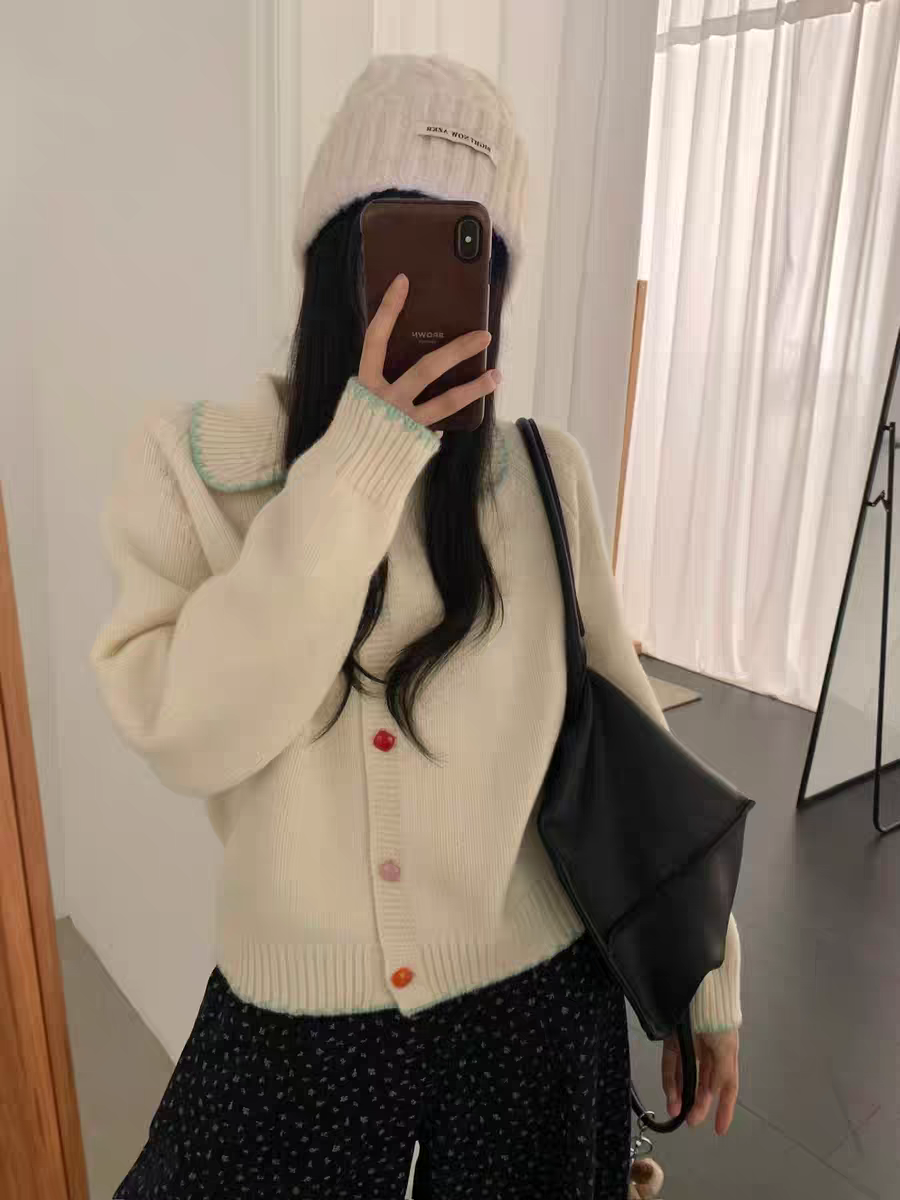K6055 糖果扣扣 翻领开衫针织毛衣女百搭休闲慵懒风韩版秋季