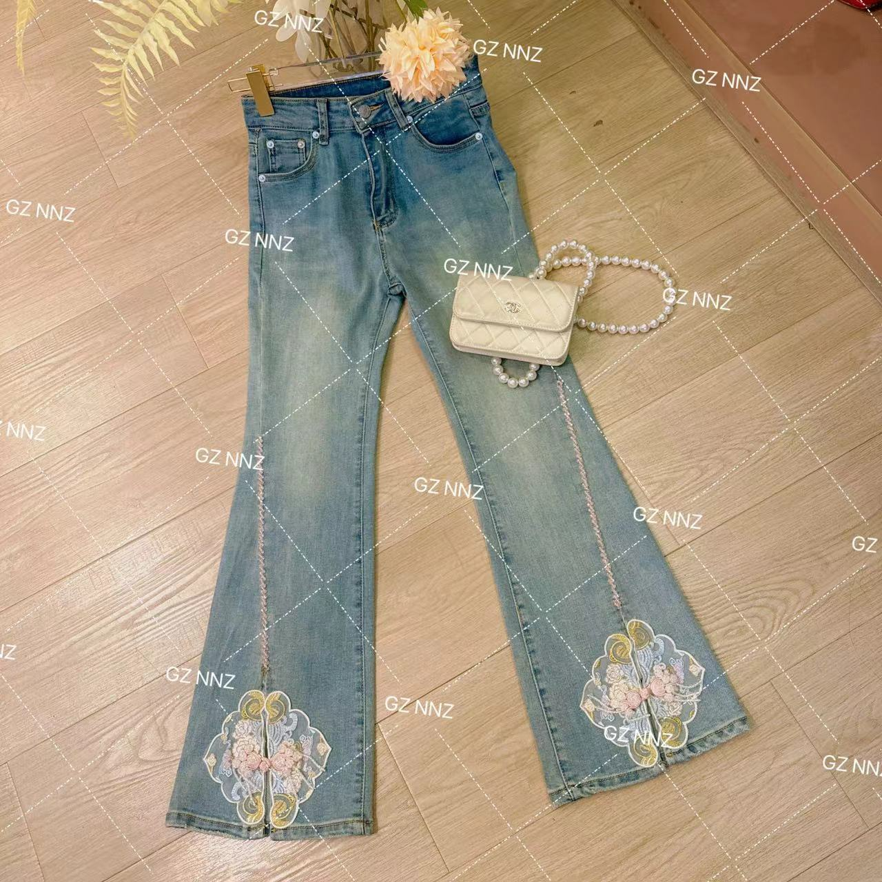 【春晓芙蓉】重工钉珠刺绣高腰时尚百搭开叉牛仔微喇裤24K210