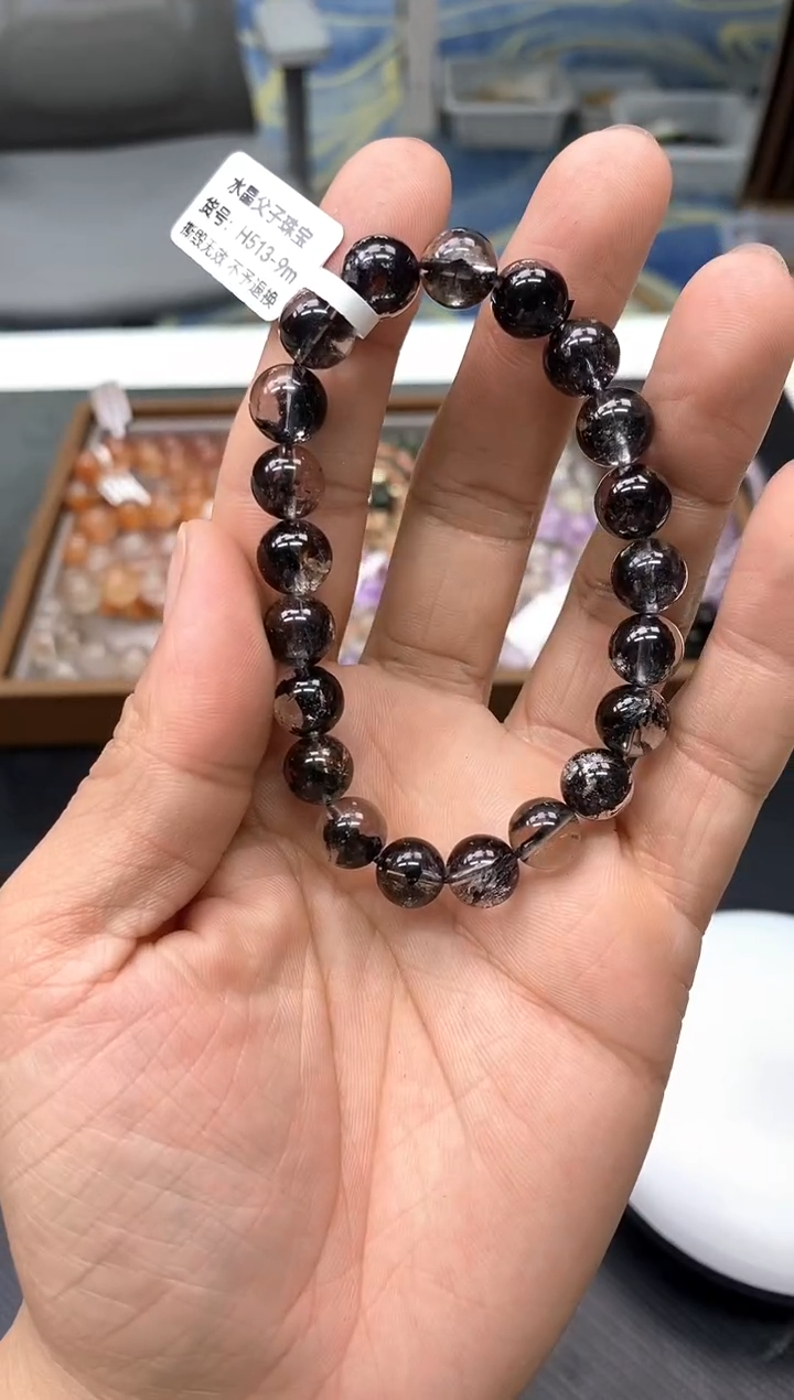 未镶嵌手串水晶薄***冰23黑闪灵9mm