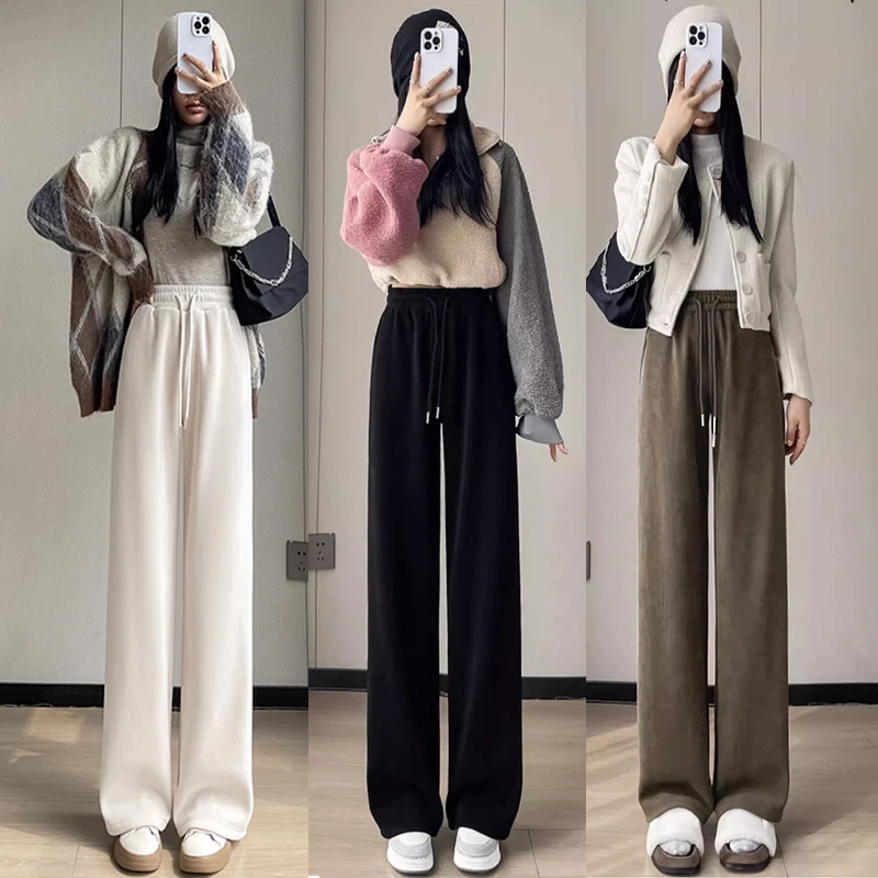 8825#窄版直筒裤女秋冬加绒高腰垂感宽松溜溜裤休闲裤子